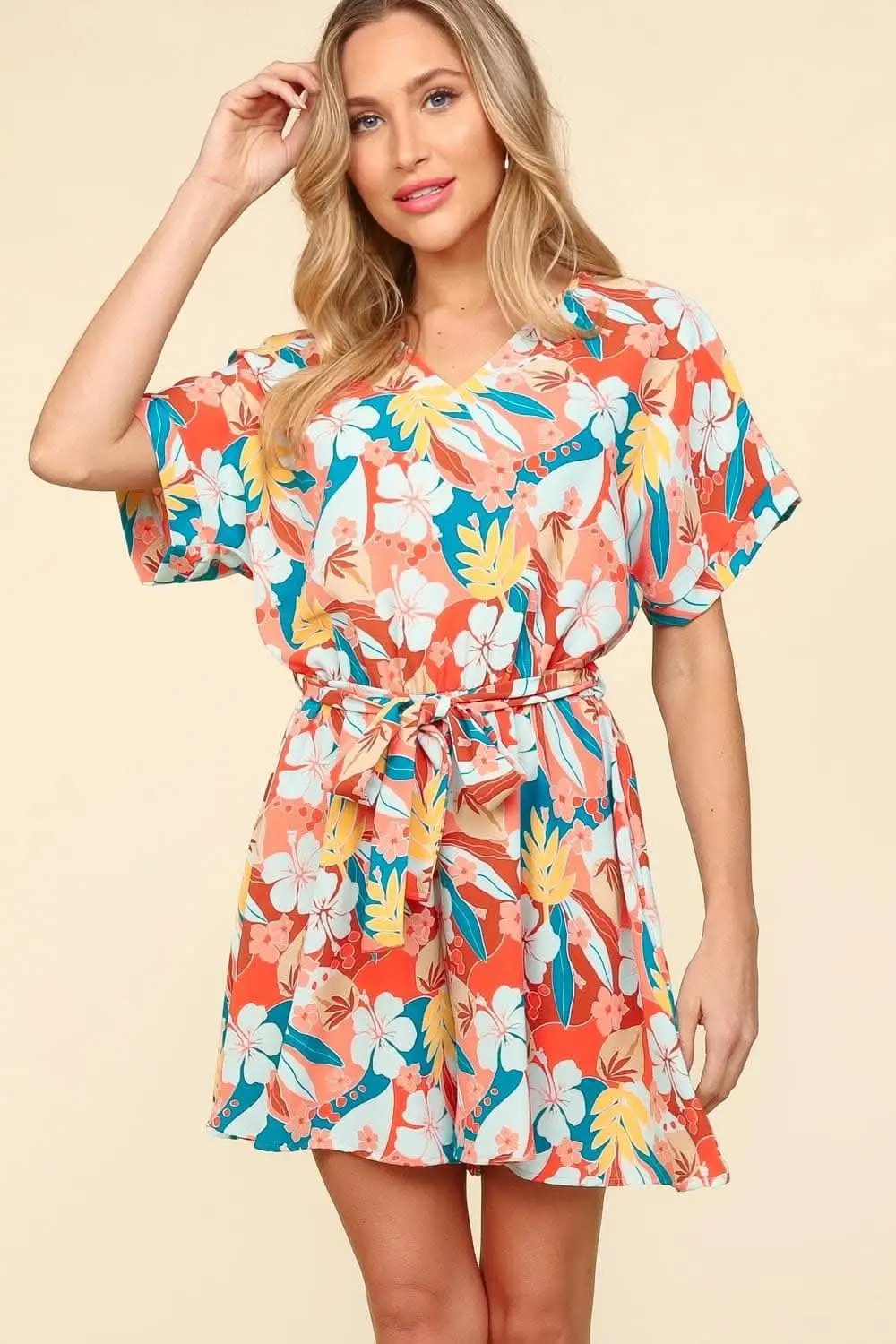 Haptics Tropical Floral Short Sleeve Tied Romper - Love Salve